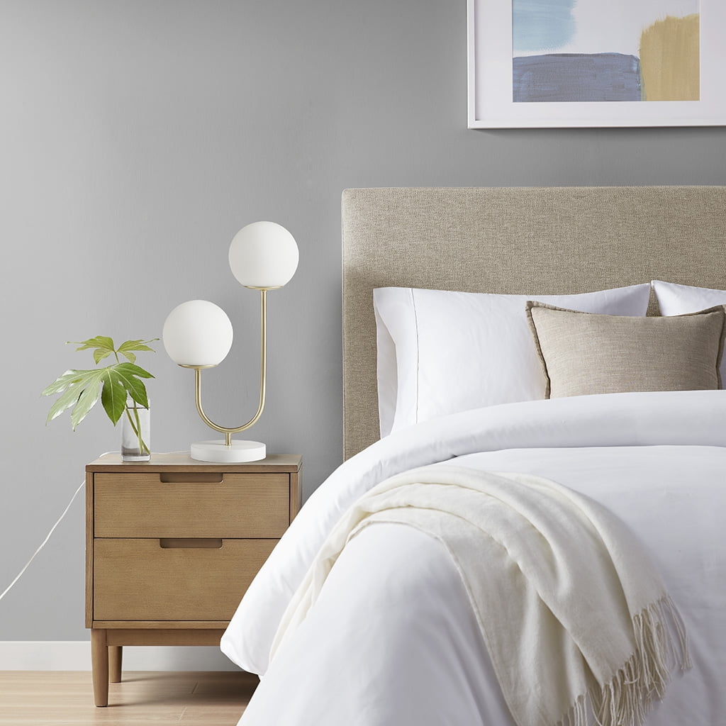 Noaman Metal 2-Light Globe Table Lamp, 20" Height Gold & White Modern Desk Lamp with Frosted Glass Shades, 60in Cord for Bedroom/Living Room