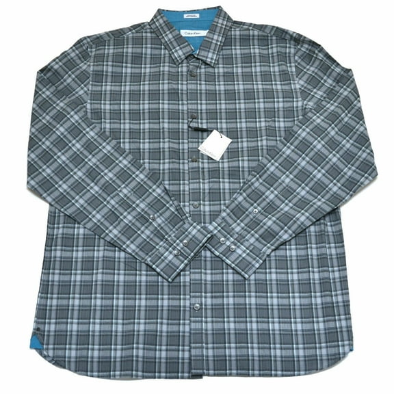 Calvin Klein Mens Dress Shirt Long Sleeve Buttondown Gray Plaid Cotton Large New