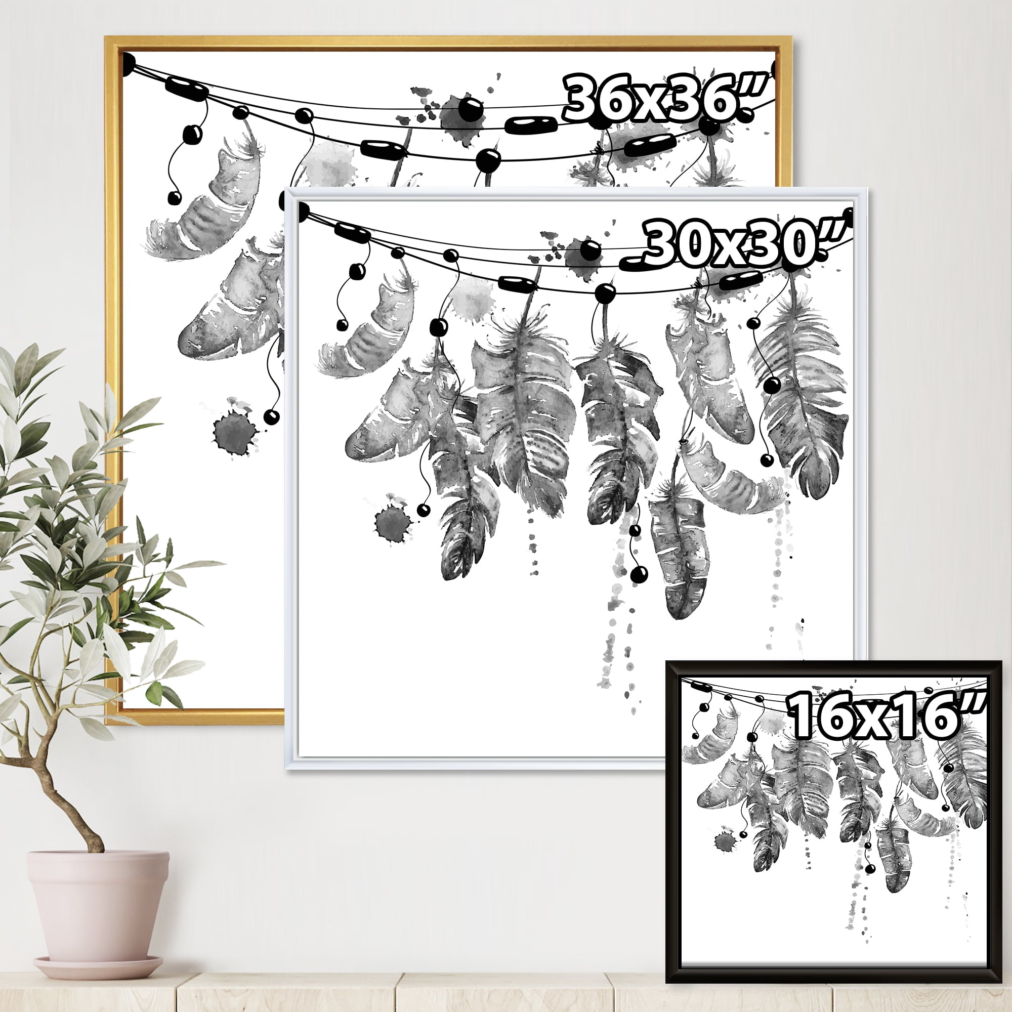 Designart 'Hanging Monochrome Bird Feathers' Bohemian & Eclectic Framed Canvas Wall Art Print