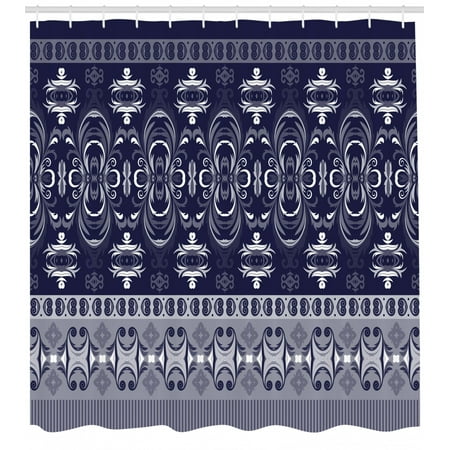 Navy Blue Shower Curtain Tribal Ehnic Style Floral Horizontal