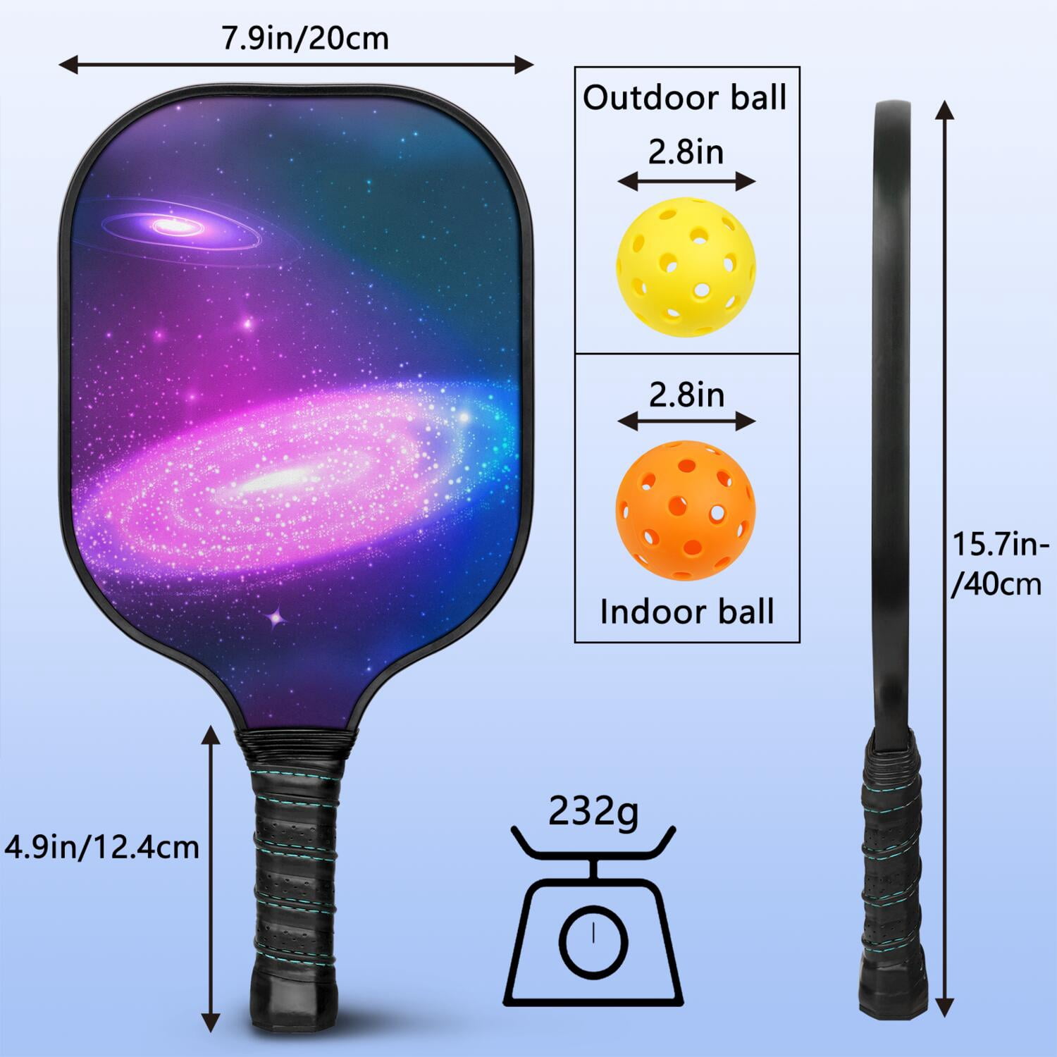 Pickleball Paddles Set Of 2, Fiberglass Surface, Galaxy Print, 4 Balls & Bag