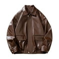 thumbnail image 1 of KIHOUT Men's Motorcycle Jackets Solid Color Vintage Button Pocket PU Leather Long Sleeved Lapel Jacket, 1 of 3