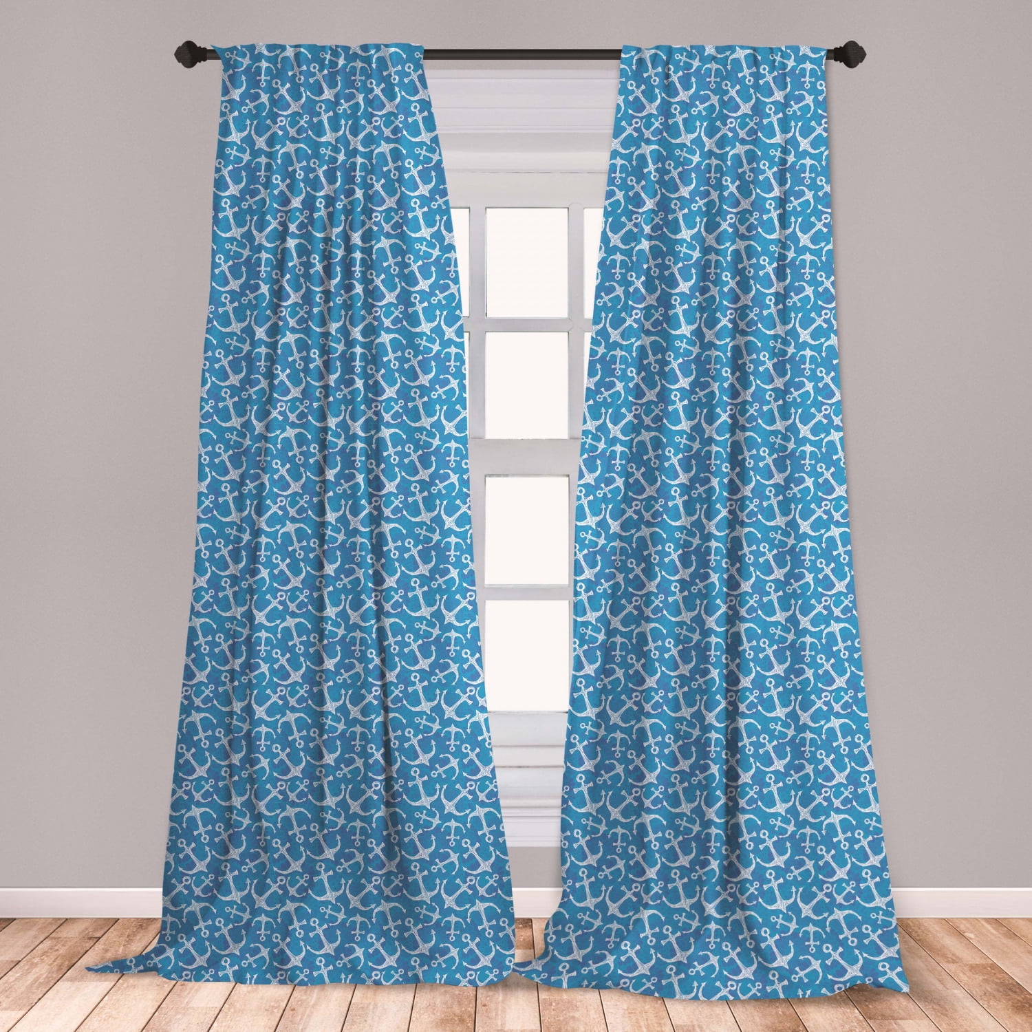 Anchor Curtains 2 Panels Set, Hand Drawn Sea Anchor on Abstract Blue