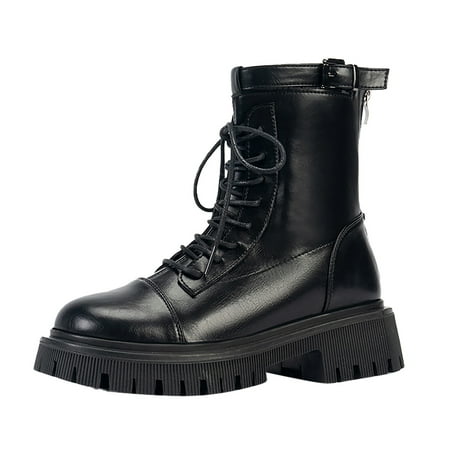 

Fashion Women Solid Color Autumn Thick Sole Square Heels Lace Up Short Booties Round Toe Shoes