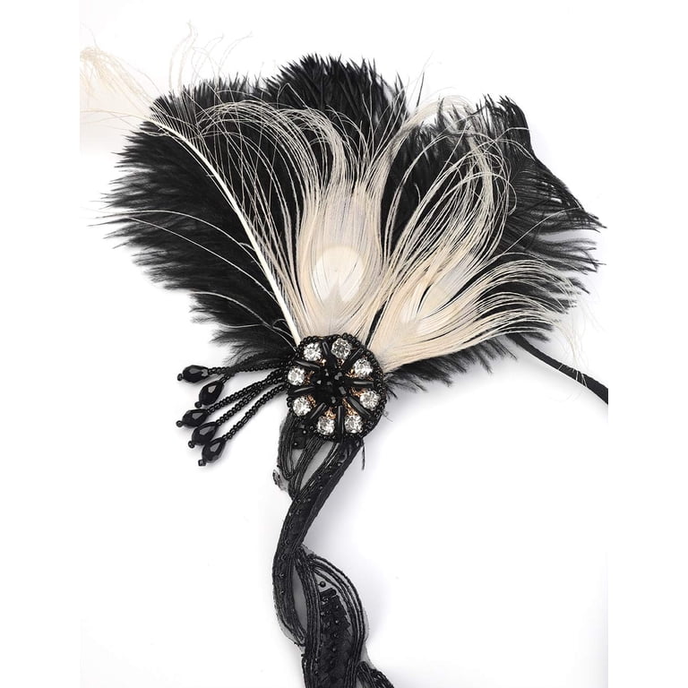 Feather Headband Pearl Crystal 1920s Flapper Hair Accessories for Women Girls Champagne Feather Fascinator – 1920s Flapper Headband, Pearl  main image 2