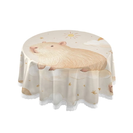 60 Inch Round Tablecloth with White Lace Trim Fall Table Cover for Elegant Dining Decor Capybara Pattern