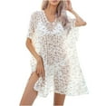 thumbnail image 2 of Qzwdhjm Womens Crochet Swimsuit Cover Ups Hollow Out Color Block Dress Coverup Short Sleeve V Neck Bathing Suits Cover Up with Slit for Beach Party, 2 of 8