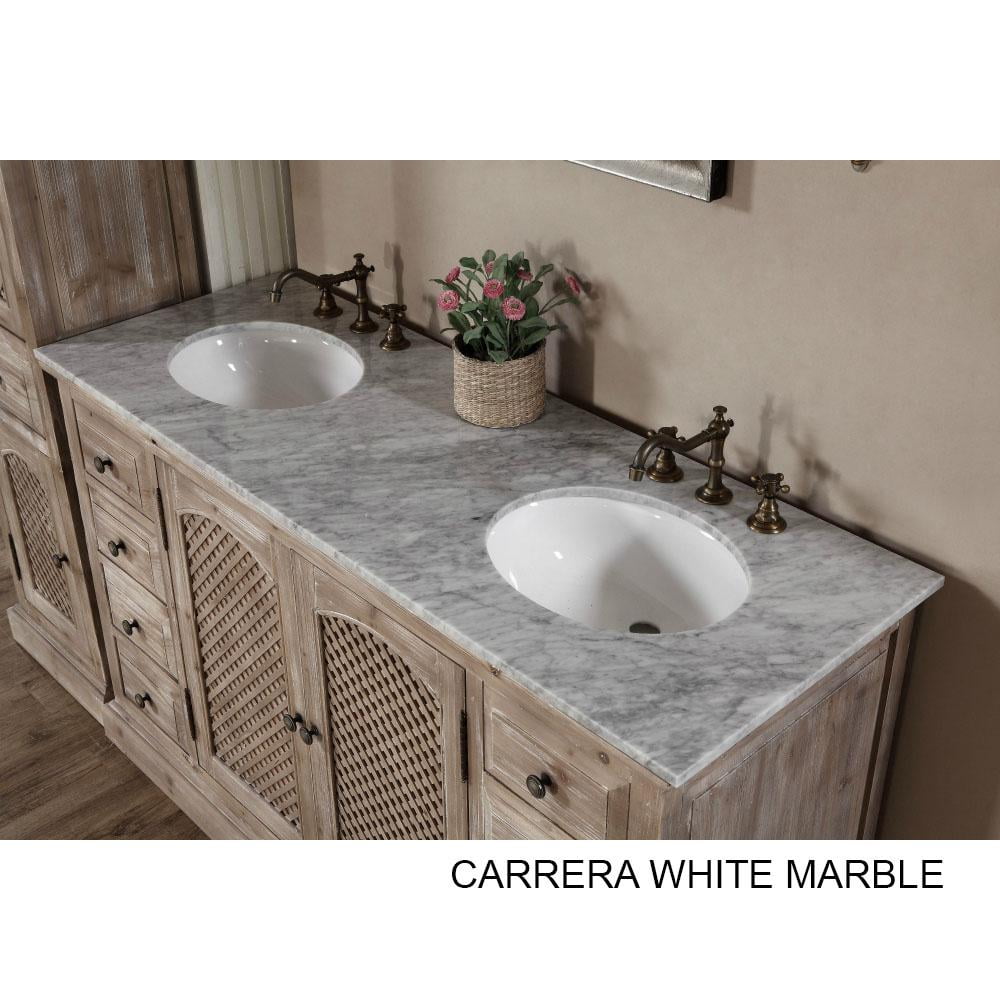 60 Solid Recycled Fir Double Sink Vanity With Carrara White Marble Top No Faucet