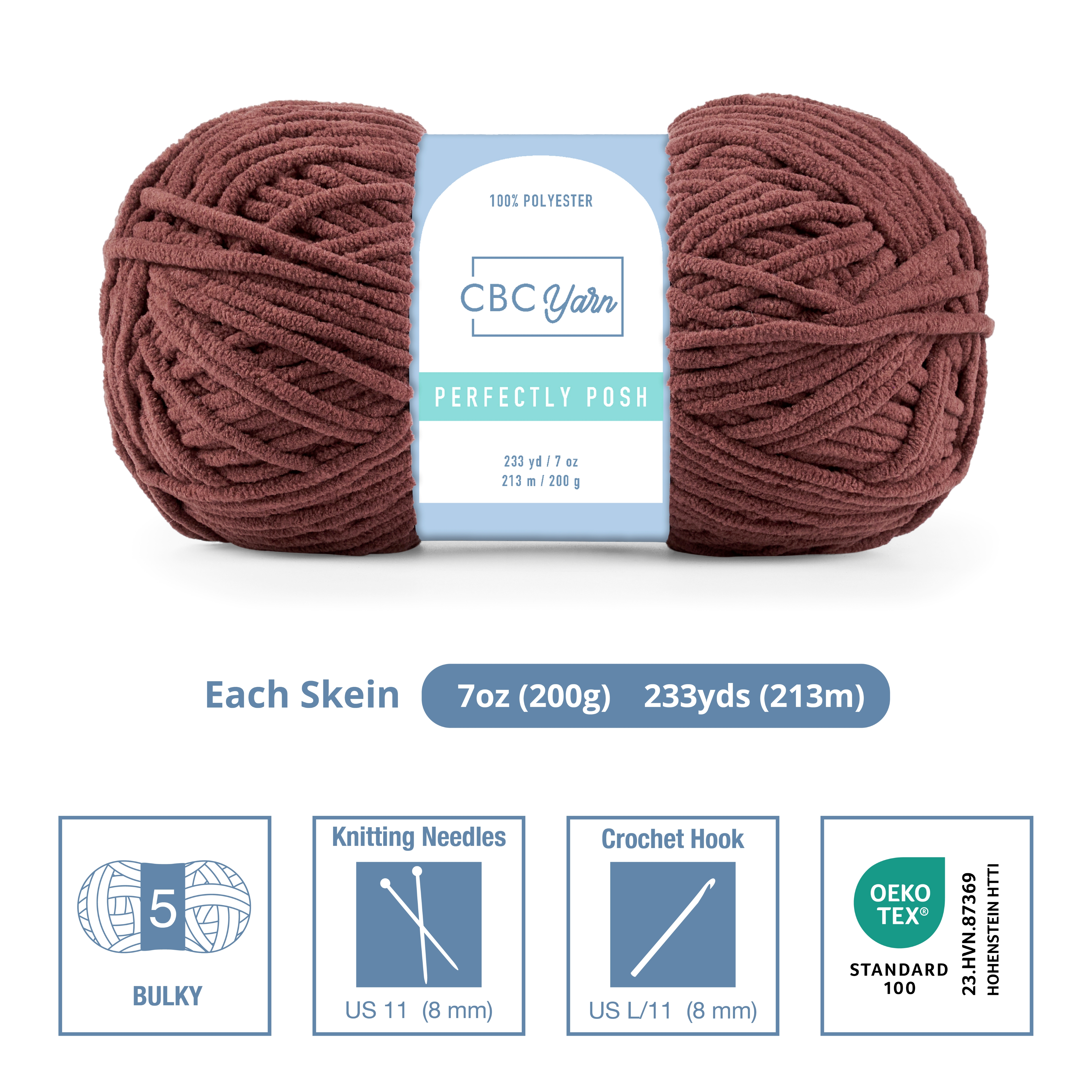 CBC Perfectly Posh Chenille Yarn for Knitting, Crocheting and Amigurumi - 2 Pack (7 oz / 200 g, 233 yards Each Skein), Chocolate Fudge, Gauge 5 Bulky