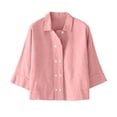 thumbnail image 4 of Women's Cotton Linen Button Down Shirts Casual 3/4 Sleeve Double-Breasted Collared Work Blouses Lightweight Cardigan Pink XL, 4 of 7