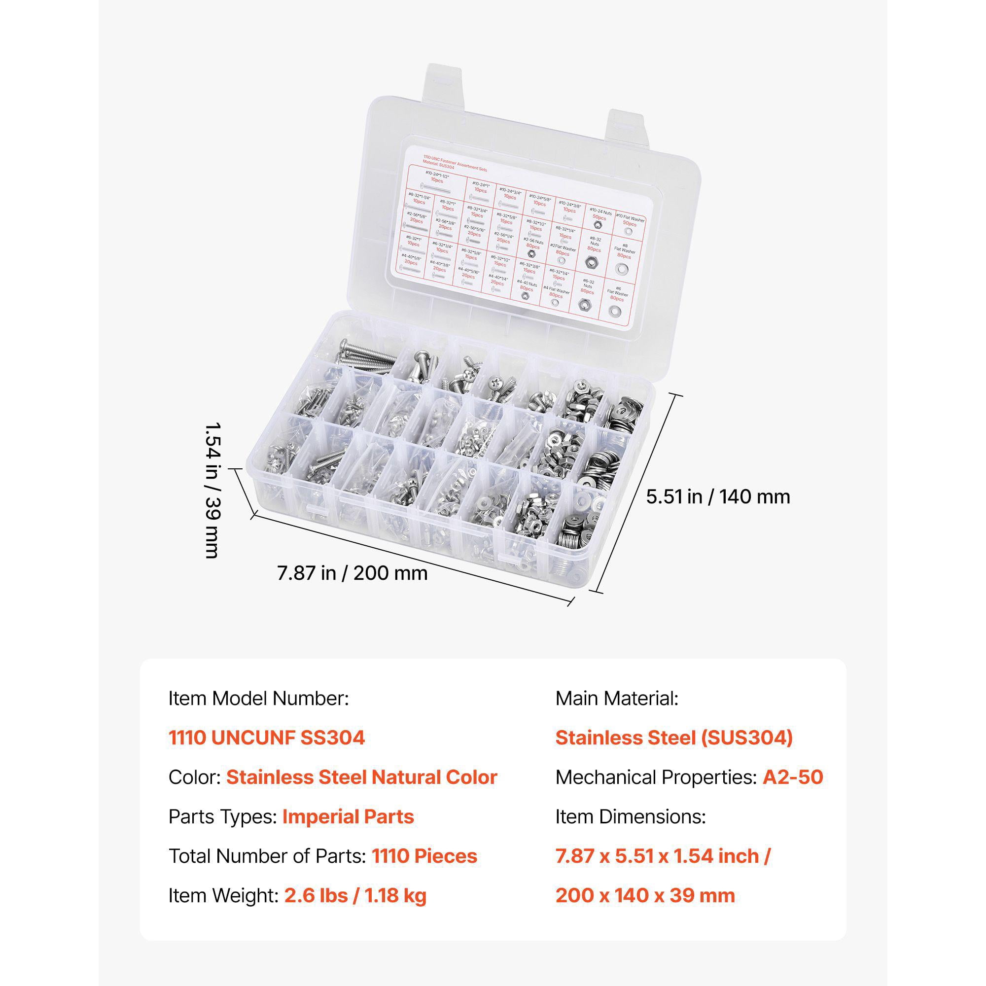 1110 Pcs Bolts Nuts Assortment Kit Imperial Machine Screws Flat Washers Stainless Steel 10 24 8 32 2 56 6 32 4 40 for Furniture Equipment Vehicle Assembly Silver