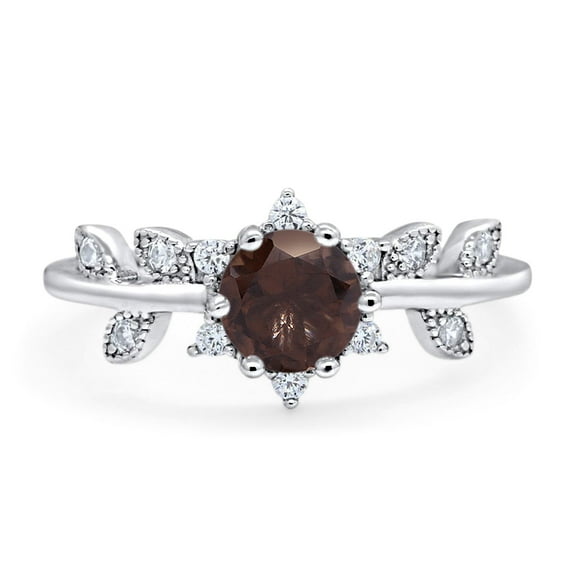 Floral Natural Chocolate Smoky Quartz Leaf Round Ring 925 Sterling Silver Size 5