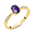 thumbnail image 2 of Gem Stone King 10K Yellow Gold Purple Amethyst and White Diamond Engagement Ring for Women (0.81 Cttw, Gemstone February Birthstone, Oval Checkerboard 7X5MM, Available in Size 5, 6, 7, 8, 9), 2 of 5