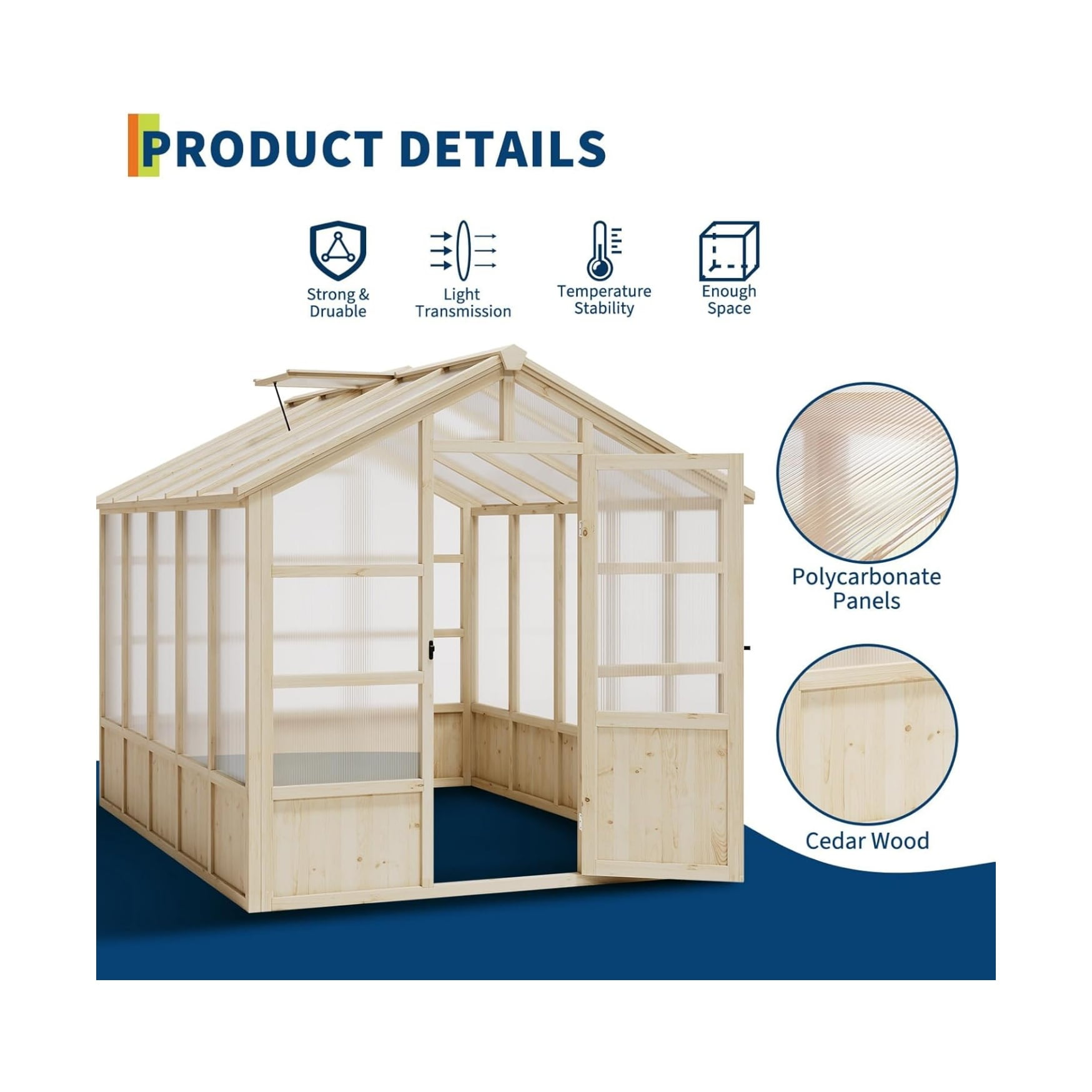 Large Outdoor Greenhouse, Heavy Duty Wooden Hothouse with Polycarbonate Panels & Lockable Door - Sturdy Wood Frame Garden Conservatory with Adjustable Roof Vent, for Yard, Gardening