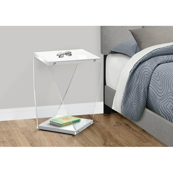 Accent Table, Side, End, Nightstand, Lamp, Living Room, Bedroom, Acrylic, Laminate, Glossy White, Clear, Contemporary, Modern