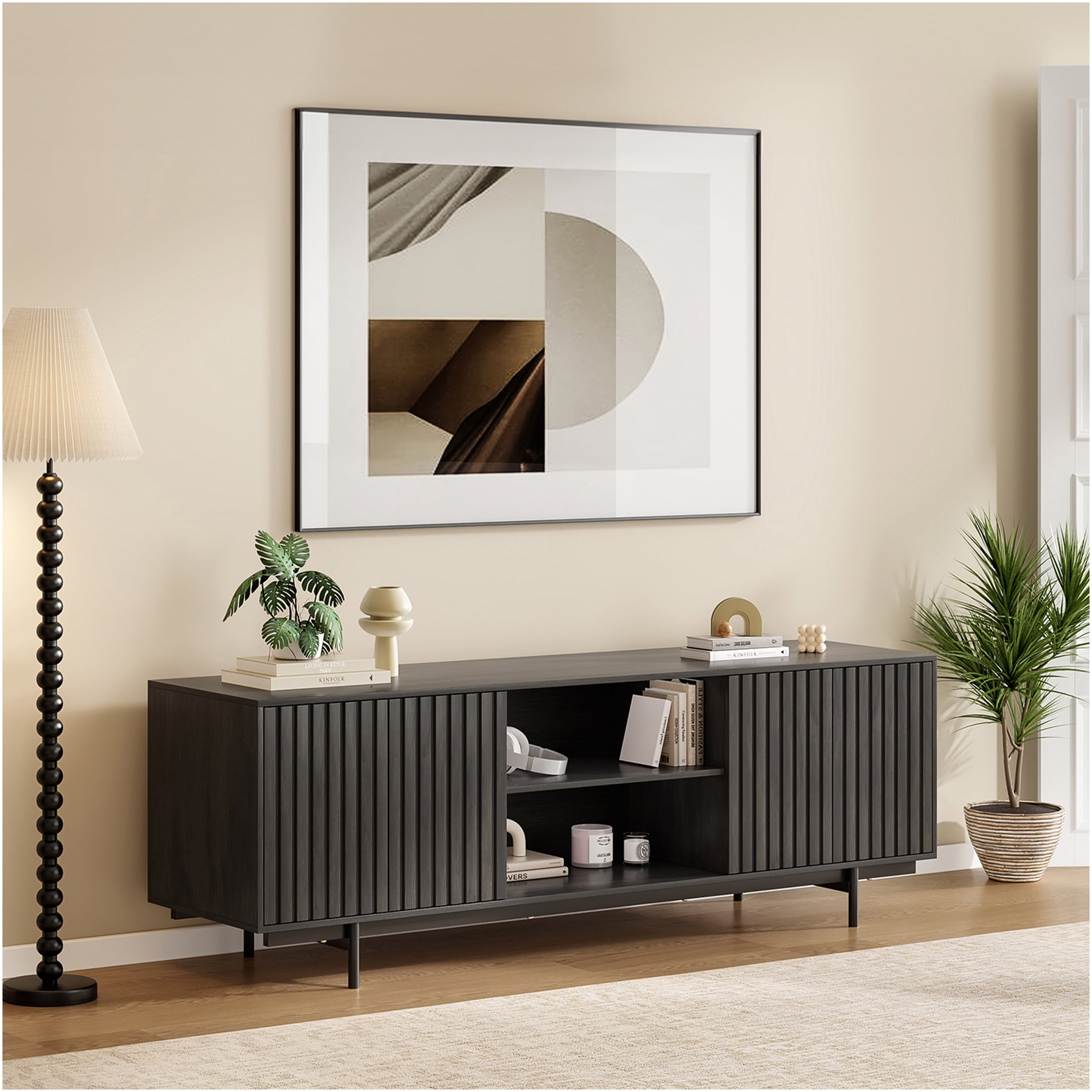 JERFIT 75 inch TV Stand with Pop-Up Doors, Mid Century Modern Entertainment Center with Storage Shelves, Farmhouse Retro Fluted Design for Living Room, Bedroom, Black