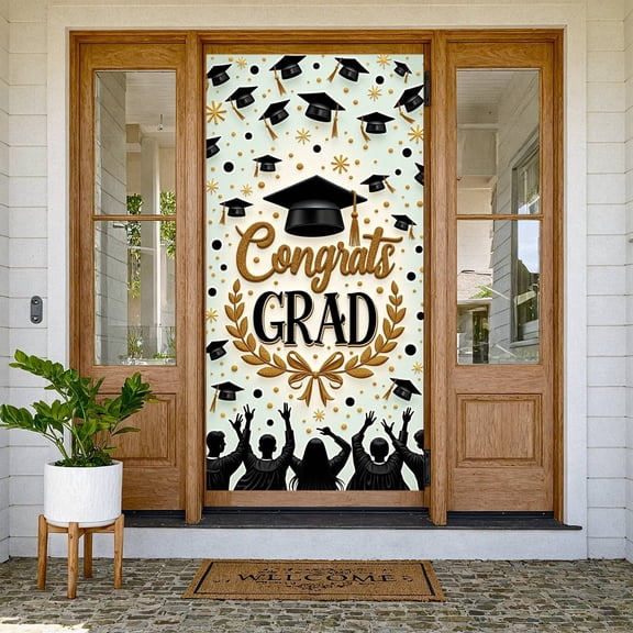 Gold Glitter Graduation Banner Black Grad Cap Congrats Backdrop Laurel Wreath Bowknot Design Grad Display for Graduation Party Grad Ceremony College Graduation