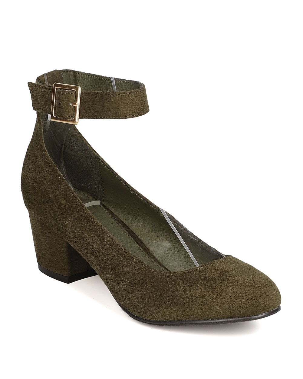 Breckelles GA11 Women Faux Suede Round Toe Ankle Strap Chunky Heel Pump