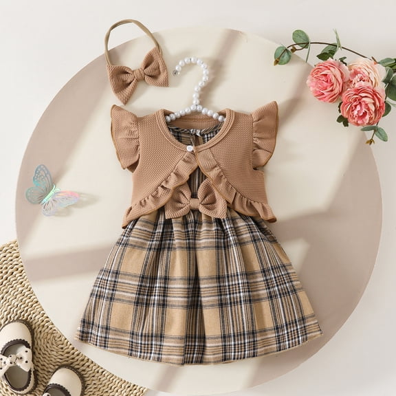 Girls Outfits Toddler Fly Sleeve Ruffles Top and Plaid Vest Dress with Headband Set Baby Clothes for Girls Coffee 2-3 Years