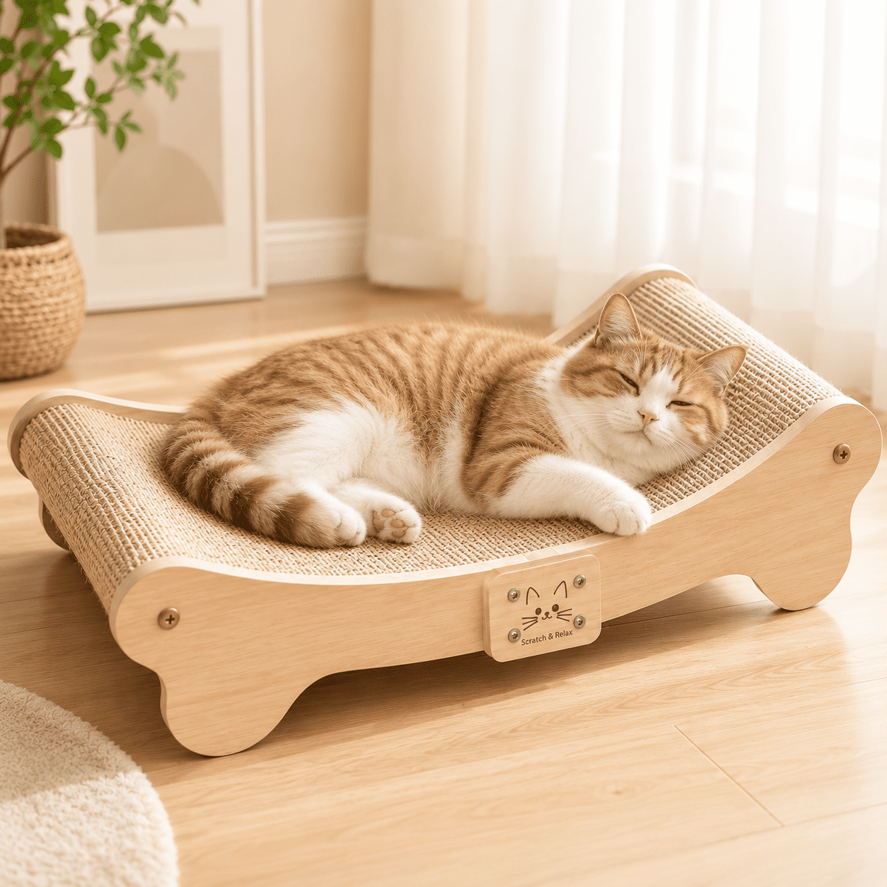 BEBANG Cat Scratcher for Indoor Cats, Curved Natural Sisal Cat Scratching Board with Solid Wood Frame, 2-in-1 Cat Scratcher Bed & Lounge for Large Cats, 23.6 Inch