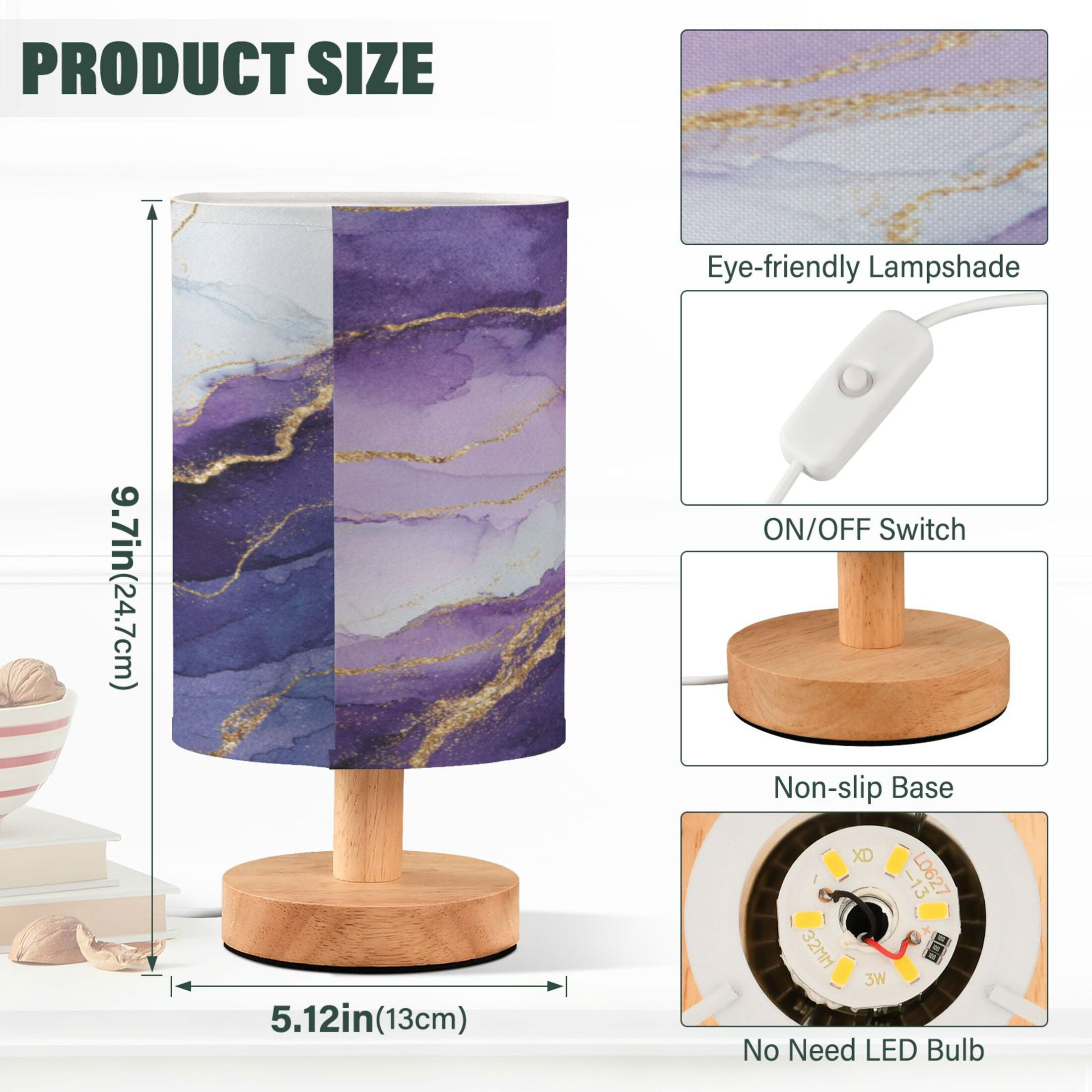 RMDQTR LED Push-Button Switch Warm-Tone Desk Lamp Plug-and-Play No Assembly Required Abstract Dark Purple Marble