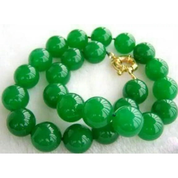 K-KED Beautiful Natural Green Jade 12mm Gemstone Round Beads Necklace 18"