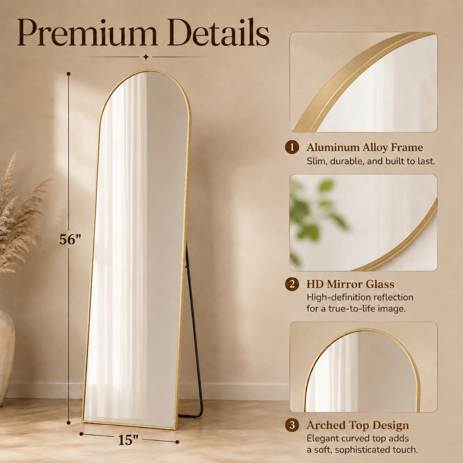 Easy4Home 56"x15" Full Length Mirror Arched Freestanding Floor Mirror with Metal Frame, Gold