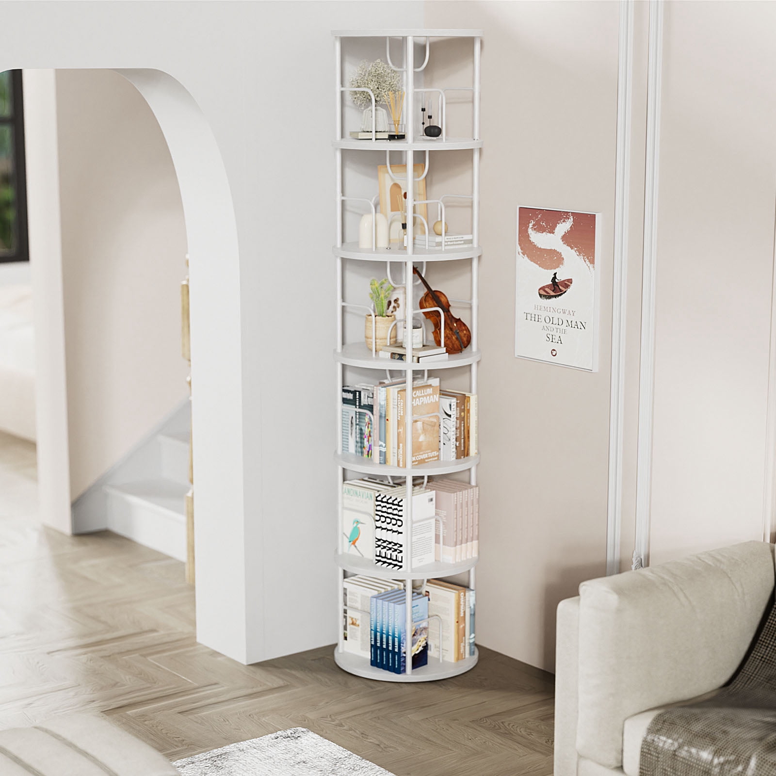 Flycity 6 Tier Rotate Bookcases, 360° Display Spin Bookcases Corner Shelf with Special Visible Partition Storage, White