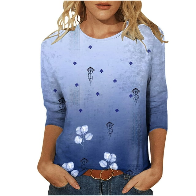 KIHOUT T-Shirts de Printemps pour Femmes Chemises pour Dames Mode Imprimée T-shirt Ample Manches 3/4 Blouse Col Rond Hauts Décontractés