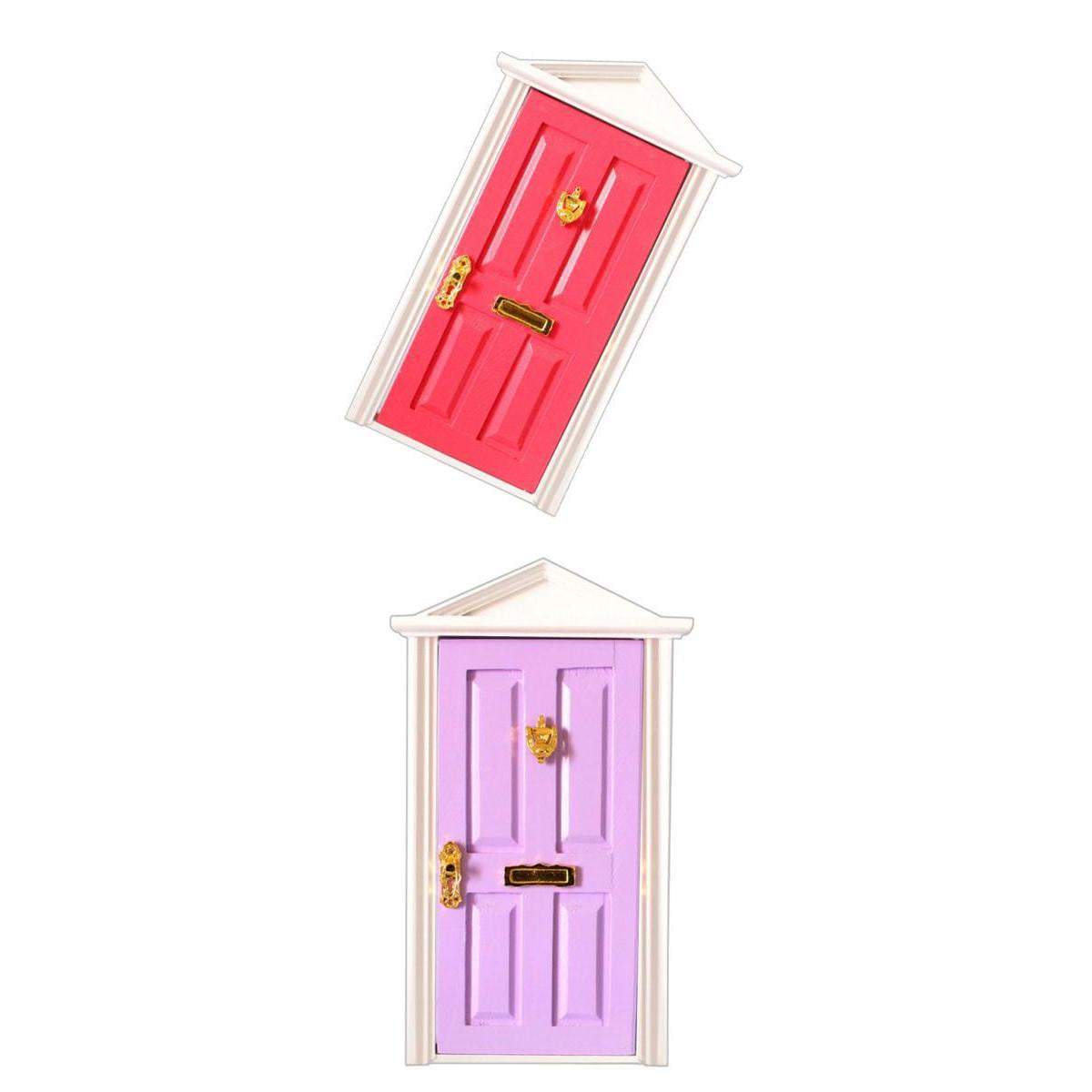 Red DIY Dollhouse Miniature Wood Fairy Door Toy With Key Metal Accessories 1:12 