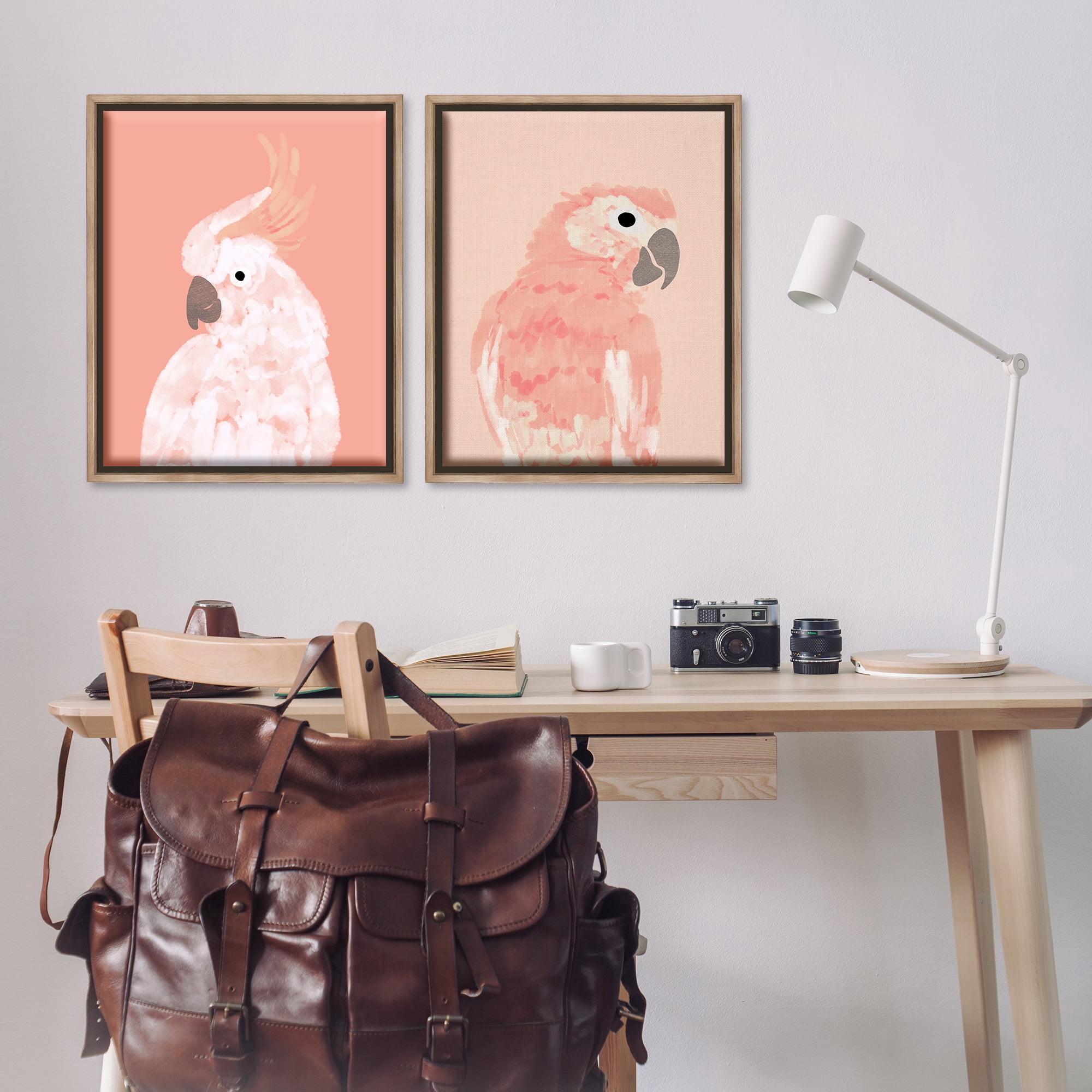 Stupell Industries Peach Cockatoo Parrot Profile Animals Painting Brown Floater Framed Canvas Art Print Wall Art, 31 x 25, Set of 2