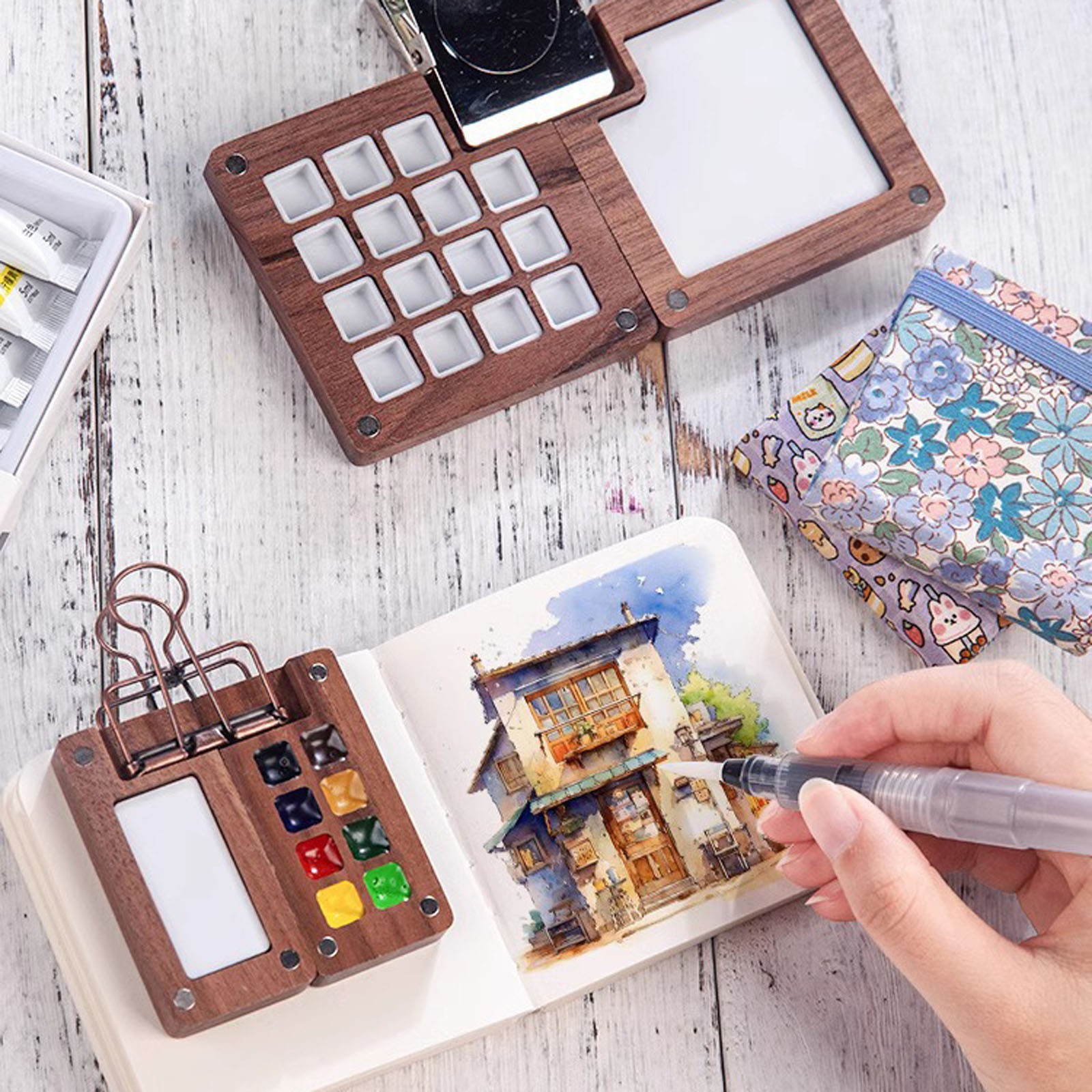 Mini Watercolor Travel Portable Pocket Artist Watercolor With Picture Book Wooden For Painters Artists And Students (15 Grids With 24 Color Paints) (5mlX24)