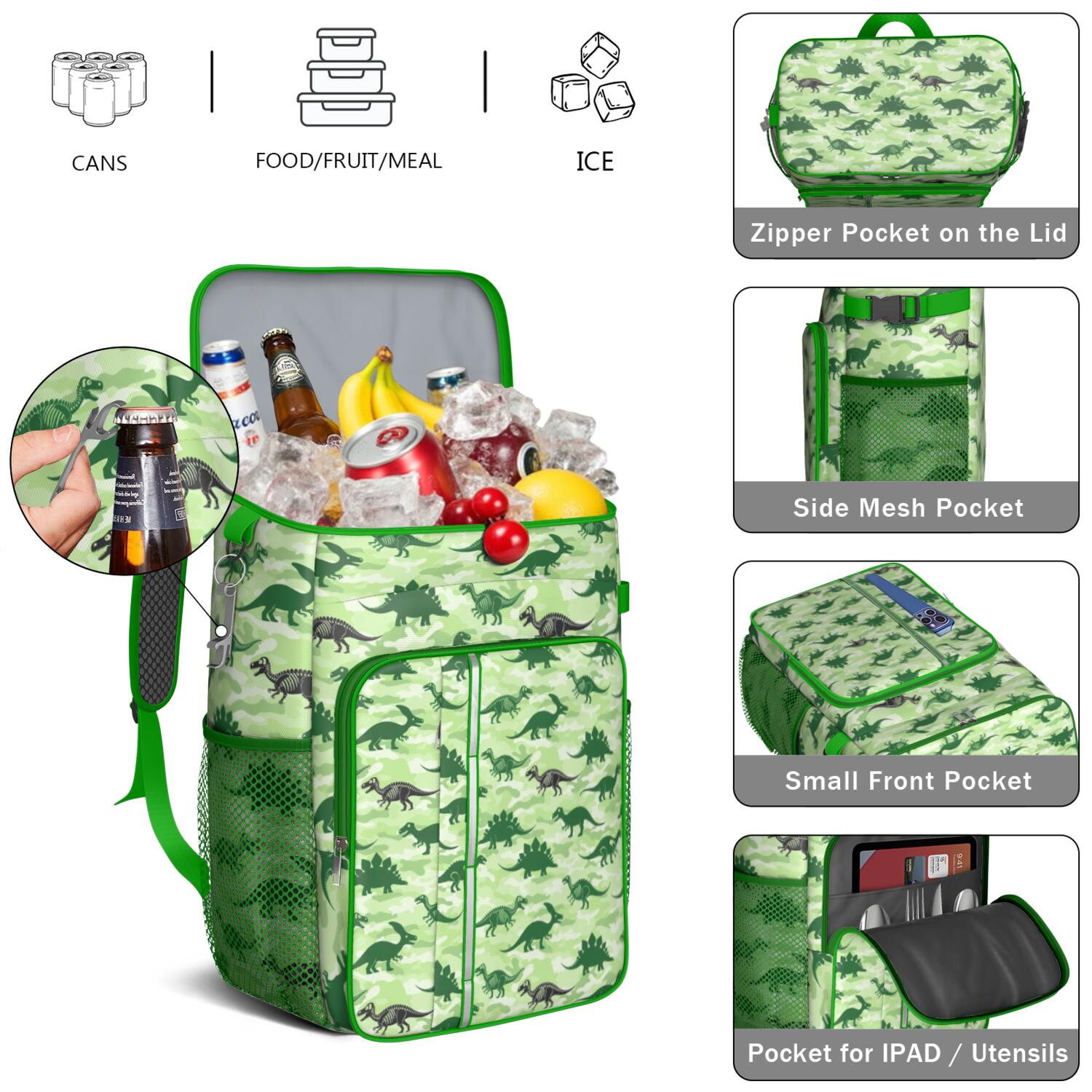 Travel Cooler Bag - Green Cartoon Dinosaurs Camouflage Pattern Camping Beer Cooler Backpack with Bottle Opener- Waterproof Insulated Picnic Backpacks - Cooler Bag for Beach