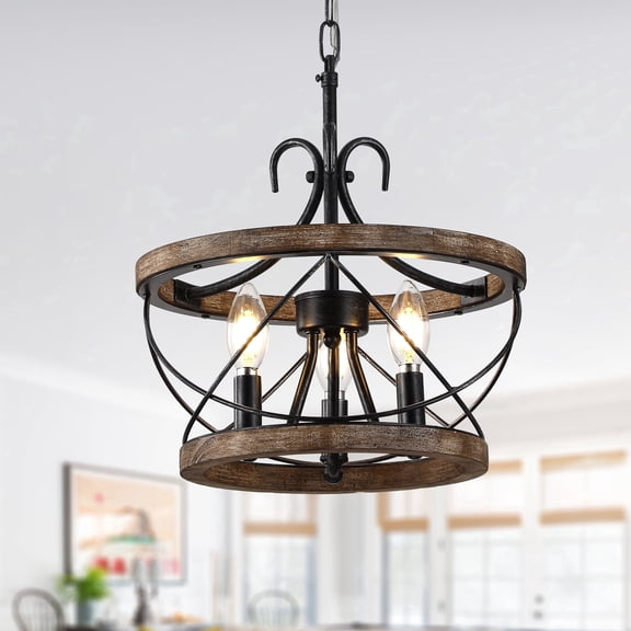 Chords Attic 3-Light Wood Farmhouse Drum Chandelier Dining Room Adjustable Height Pendant Lighting