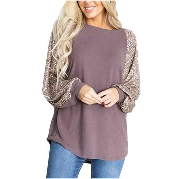Honeeladyy Clearance under 10$ Womens Sequin Patchwork Top Puff Long Sleeve Casual Crewneck Blouses Loose Tunic Shirts Party Sparkle Pullover Tops