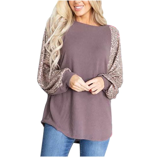 CEHVOM Femme T-Shirt à Col Rond à Manches Longues Automne Blouse à Paillettes Hauts Chandail