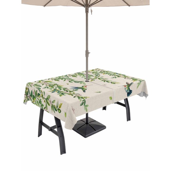 Outdoor Tablecloth with Umbrella Hole and Zipper, Spring Botanical Rectangle Table Cloth 60x120 Inch Waterproof Tablecloth, Watercolor Leaves Flowers Birds Beige Picnic Table Cover for Patio Camping
