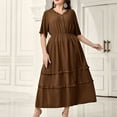 thumbnail image 5 of Xixinqiwan No Boundaries Sundresses for Women 2025 Plus Size,Women's Plus Size Solid Colour Round Neck Short Sleeve Buttoned Waist Ruffle Lace Dresses Brown XXL, 5 of 5