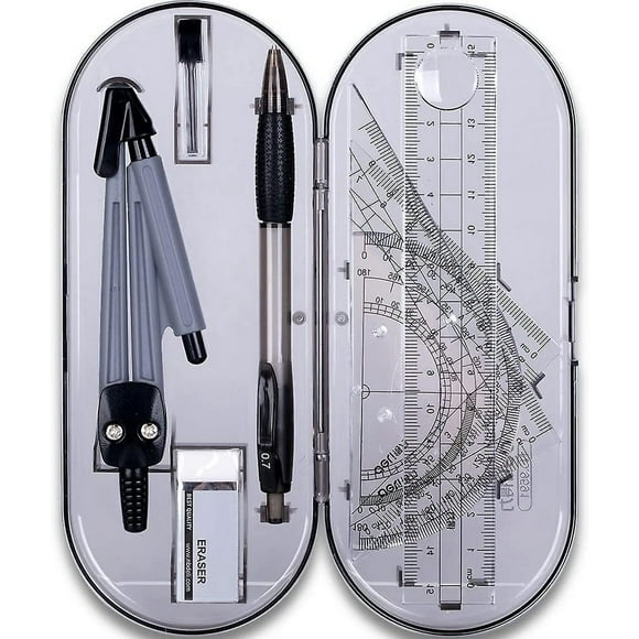 Geometry Kit Set 8 Pieces Student Supplies With Shatterproof Storage Box,includes Rulers,protractor
