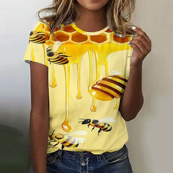 QUNYINEY Short Sleeve Women's T-Shirts Bee Pullover Casual Crew Neck Tops Loose Womens Tops