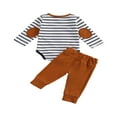 thumbnail image 3 of 2 Pcs Combinaison Décontractée pour Bébé à Manches Longues, Barboteuse à Rayures, Couleur Unie, Pantalon Ample, 3 of 7