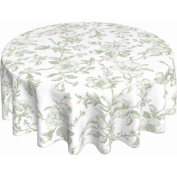 Sage Green Floral Tablecloth Round 70x70 Inch Light Green Chinoiserie Floral Table Cloth Polyester Fabric Vintage Spring Summer Flowers Farmhouse Table Cover for Kitchen Party Picnic Outdoor Decor