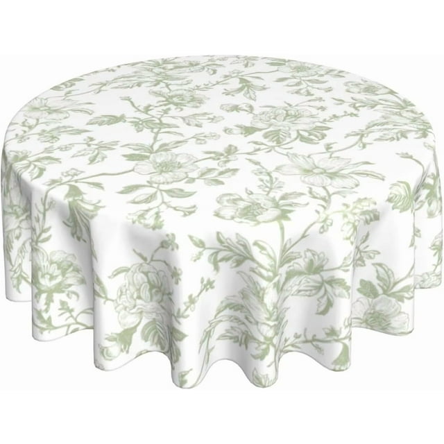 Sage Green Floral Tablecloth Round 60 x 60 Inch Light Green Chinoiserie Floral Table Cloth Polyester Fabric Vintage Spring Summer Flowers Farmhouse Table Cover for Kitchen Party Picnic Outdoor Decor