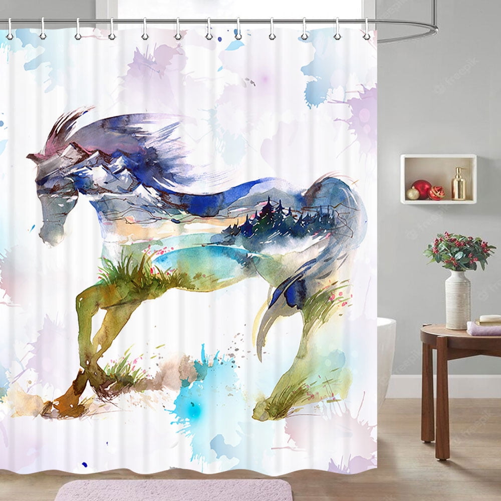 Horse Shower Curtain, Western Country Unique Watercolor Ink Painting