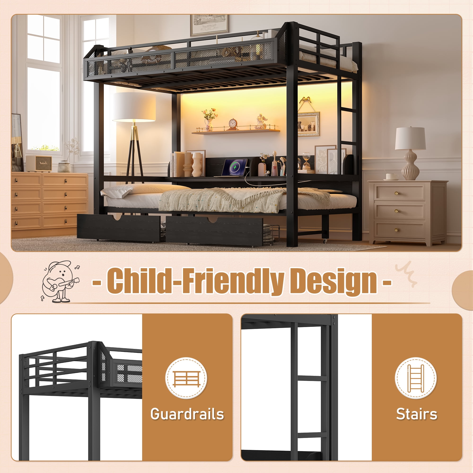 Twin XL over Twin XL Metal Bunk Bed with Storage Shelves and 2 Drawers, Multifunctional Bunk Bed Frame with USB Ports and LED Lights, Lower Bed that can be converted into a sofa