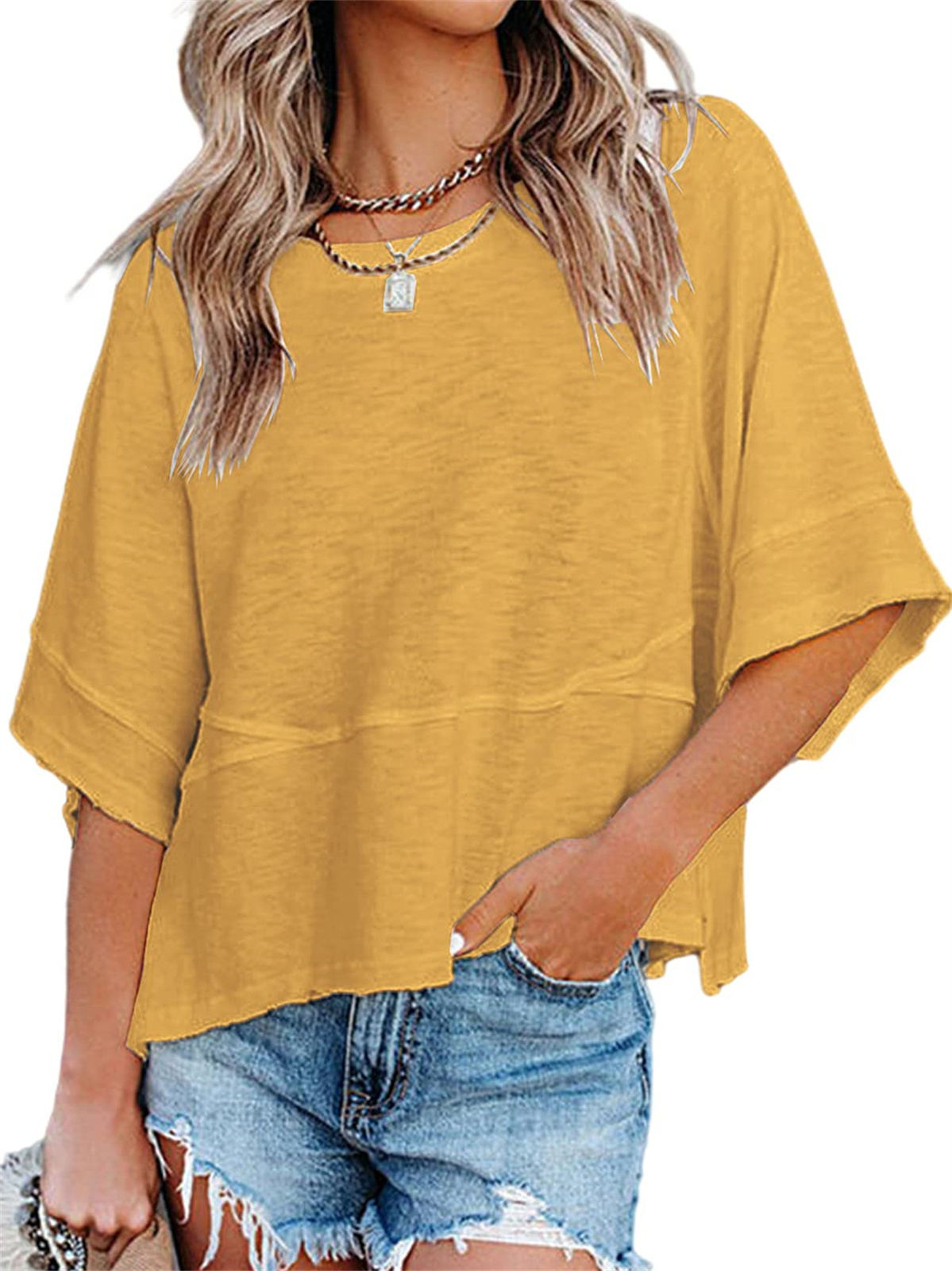 Summer Oversize Women Solid Color Half Sleeve Loose Shirt Tee Casual Tops