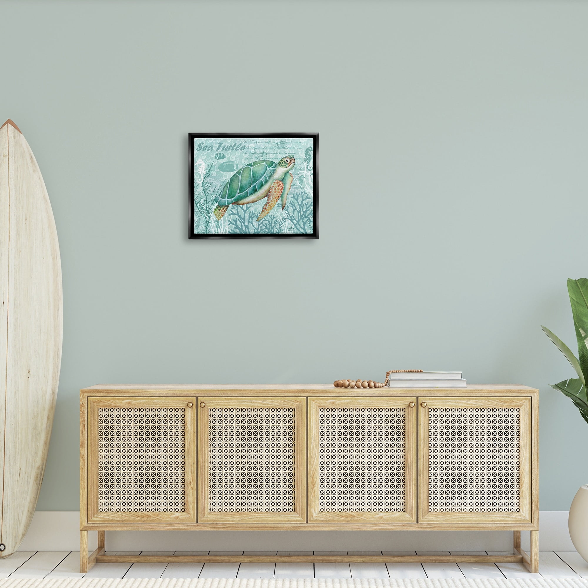 Stupell Industries Coral Bordered Sea Turtle Seahorse Script Calligraphy Graphic Art Jet Black Floating Framed Canvas Print Wall Art, Design by Emma Leach
