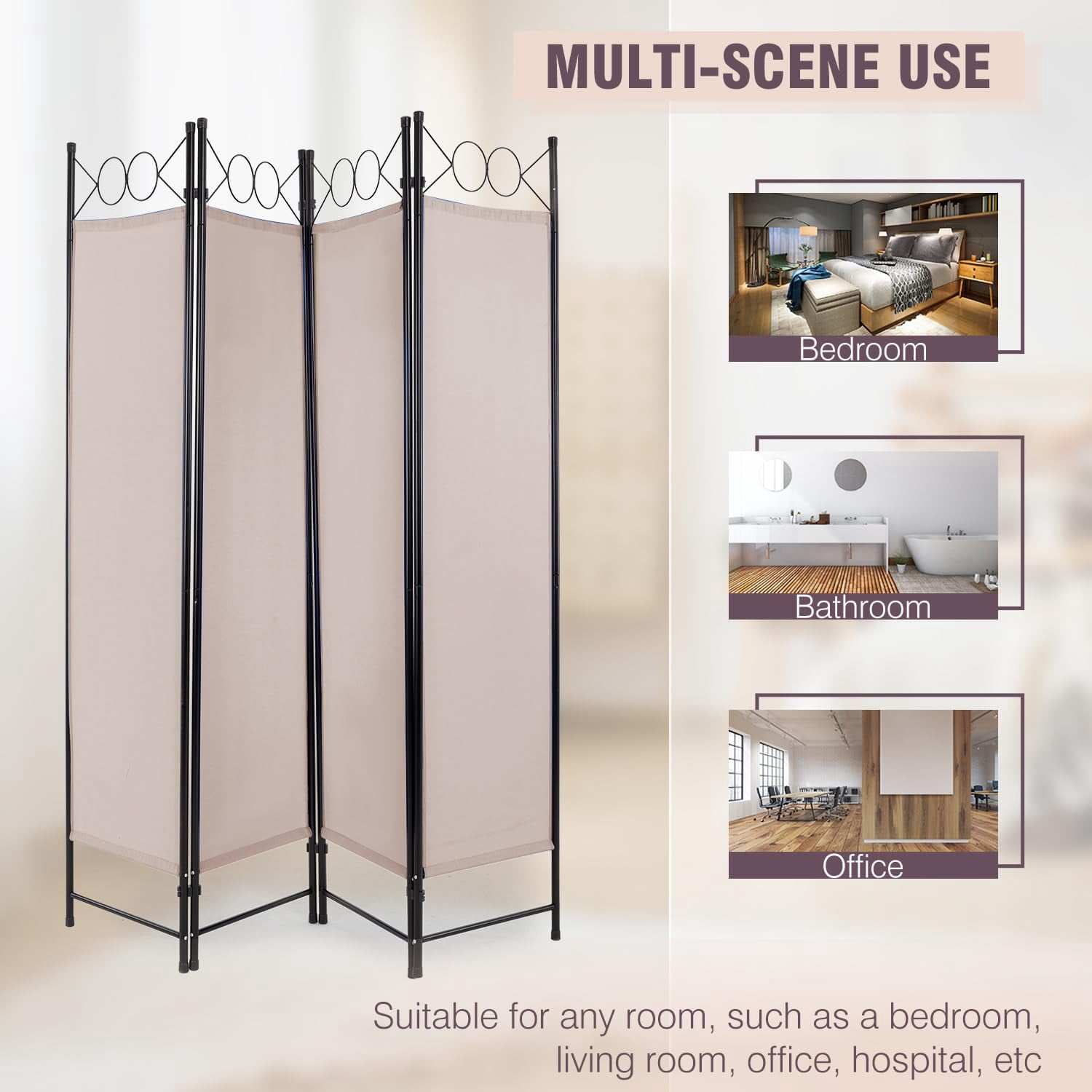 YRLLENSDAN Fabric Room Dividers and Folding Privacy Screens, Wall Divider for Room Separation, Folding Indoor Freestanding 4 Panels, Tan