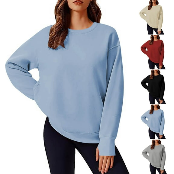 Pxxlle Oversized Sweatshirts for Women Fall Long Sleeve Sweatshirt with Thumb Hole Casual Round Neck Pullover Tops Solid Color Drop Shoulder Sweatshirts Black L