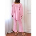 thumbnail image 6 of Womens Plaid Pajamas Sets 2 Piece Cotton Pj Set Puff Sleeve Ruffle Babydoll Shirt Gingham Pants Lounge Sets Pink L, 6 of 7